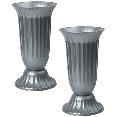 2X Außen Vase für Garten oder Grab in runder Form sehr robustem Kunststoff mit abnehmbarem Stad-Fuß Grau von Gariella