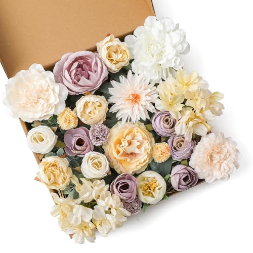 Garisey Künstliche Blumen Kombi-Box Set für DIY Hochzeit Blumenstrauß Arrangements Brautdusche Party Heimdekoration(Elegant Weiß & Lila) von Garisey