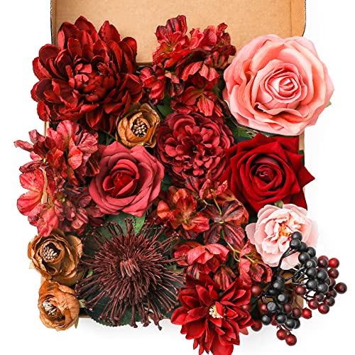 Garisey Künstliche Blumen Kombi-Box Set für DIY Hochzeit Blumenstrauß Arrangements Brautdusche Party Home Dekorationen (Reifen Burgunderrot) von Garisey