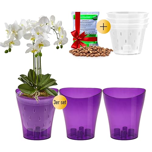 Garten lux 3er-Set Orchideentöpfe Violett Ø16cm 2L mit 3er-Set Orchideentöpfe mit Drainagelöchen Ø14cm 1L aus Kunststoff und Tongranulat 2,5L für den Innenbereich von Garten lux