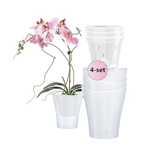 Garten lux Orchideentöpfe Weiß 4er-Set 2L Ø16 cm mit 4er-Set Orchideen Übertöpfe Drainageloch Kunststoff Transparent 1L Ø14 cm für den Innenbereich von Garten lux