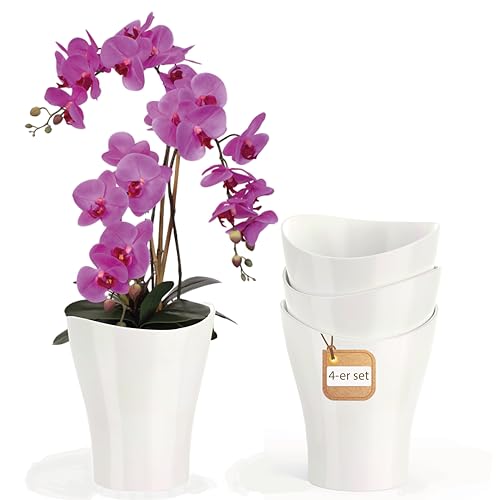 Garten lux Orchideentopf 4er Set 1L-Orchideen Übertopf Weiß Transparent Blumentopf Ø 13cm-Kunststoff Orchid Pot-Blumentopf für Orchideen von Garten lux