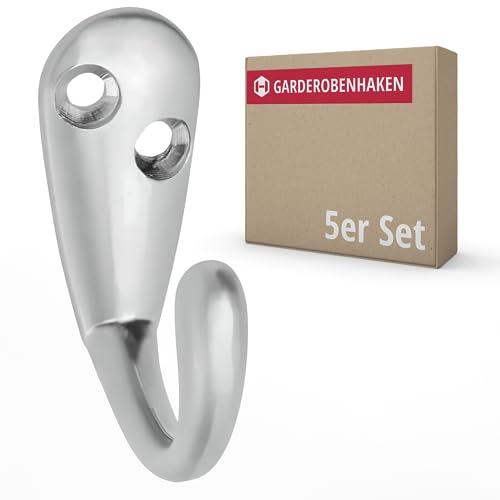 Gedotec Garderobenhaken Metall | ANDI | 5 Stück Wandhaken inkl. Befestigungsmaterial | Tiefe: 37 mm | Silber matt | Haken zum schrauben für Garderobe und Wand-Montage | Kleiderhaken wand von Gedotec