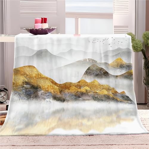 Fleecedecke 180x200cm XXL Goldene Graue Berglandschaft Kuscheldecke Flauschig Weiche Weiß Flanell Decke als Sofadecke Couchdecke Tagesdecke, Geschenk Kuscheldecke für Mädchen Jungen von Generic