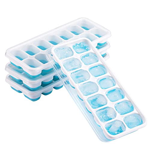 Generic Silikon-Eiswürfelformen, 4er Pack & 14-Fach Eiswürfelform mit Deckel, BPA-frei Ice Cube Tray, Spülmaschinenfest, Leicht zu Lösen, Stapelbar, Langlebig für Kaffee, Babynahrung, Blau, M078 von Juliyeh