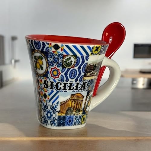 Tasse SICILIA, Kaffeetasse aus Keramik mit / Löffel, dekorierte Tasse, Tasse Souvenir, C/Decorro Druck "Scilia", 7 cm-H, Fassungsvermögen 70 ml. von Generico