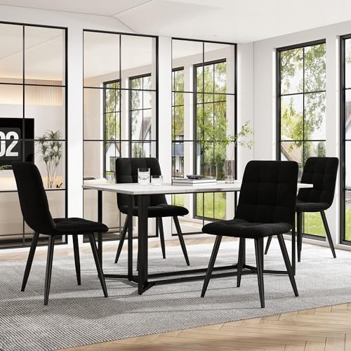 Essgruppe (5 TLG),Esstisch mit 4 Stühlen Set, Moderner Küchentisch Set, 140×80cm Küchentisch mit Schwarz Metallbeinen,Weißer MDF Desktop,Spleißen von Tischplatten,Schwarz Samt Esszimmerstühle von Generisch
