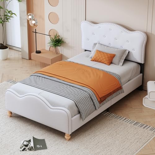 Generisch Bett 90 x 200 cm, Bettrahmen Lattenrost Polsterbett - Leinenstoff weiß Kopfteil Jugendbett, Einzelbetten von Generisch