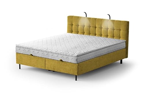 Moderne Boxspringbett NUMA Bett mit Bettkasten Ziernähten Bonell Matratze H3 Federkern Polsterbett Doppelbett Schlafzimmer (Yellow - Aston 08, 140 x 200 cm) von Generisch