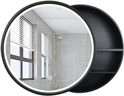 Runder Kosmetikspiegel mit Licht und Aufbewahrungsschrank, wandmontierter Badezimmerspiegel aus Holz mit schlankem Design für Schlafzimmer und Schminktisch. von Generisch
