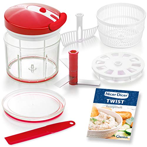 Genius Nicer Dicer Twist Universalzerkleinerer Set 9-teilig rot - Gemüseschneider manuell mit Seilzug, Salatschleuder & Sieb - Zwiebelschneider zum Zerkleinern + Pürieren 1000ml von Genius