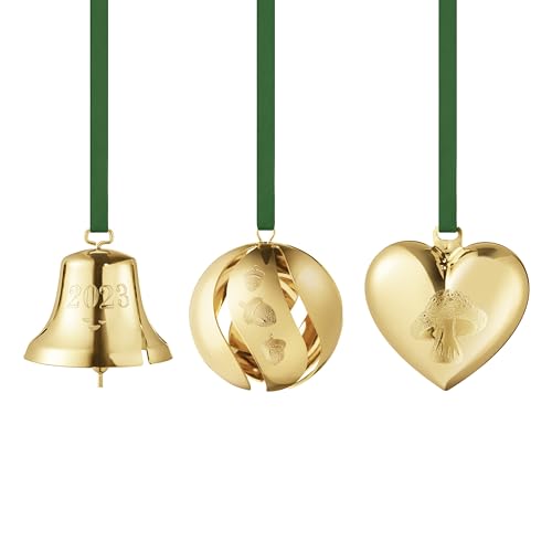 Georg Jensen 2023 Geschenkset mit Glocke, Kugel und Herz - 18 Karat Gold Plattiert Ornamente - Weihnachten Hängende Dekoration - 3 Stück von Georg Jensen