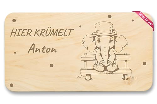 Frühstücksbrettchen Holz - Hier krümelt Name Elefant Elefanten Geschenk - 22x12 - Holz - elephant von Geschenk mit Namen personalisiert by Shirtracer