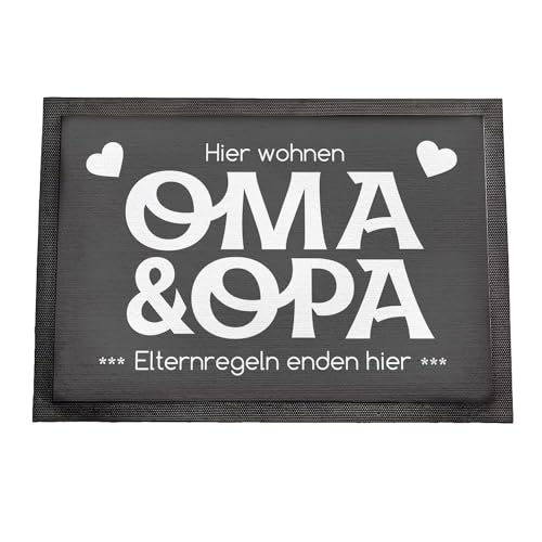 Geschenke 24 | Fußmatte personalisiert Elternregeln Enden Hier (grau - Oma&Opa, Mit Rand - 60x40cm) | Schmutzfangmatte für innen und außen | mit Wunschnamen Bedruckt | Eingangstür von Geschenke 24