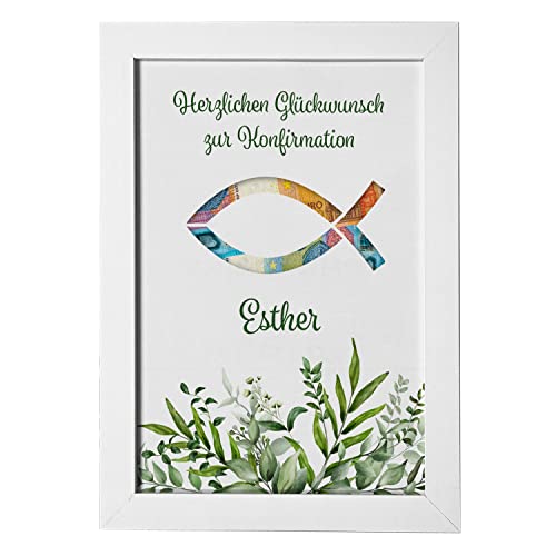 Geschenke 24 | Geldgeschenk personalisiert im Bilderrahmen zur Konfirmation (weiß,Fisch)| mit Wunschnamen bedruckt | für Mädchen und Jungen | Wandbild mit Druck von Geschenke 24