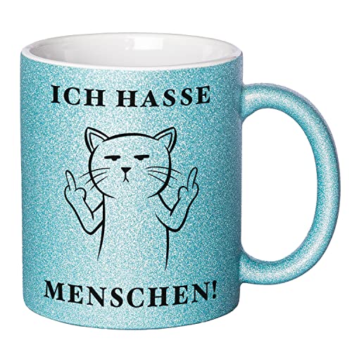 Glitzer Tasse mit Spruch Ich hasse Menschen | Türkis | Katze | 330ml | doppelseitig bedruckt | Für Katzenliebhaber als witzige Geschenkidee zu Weihnachten für beste Freundin oder Kollegin von Geschenke 24