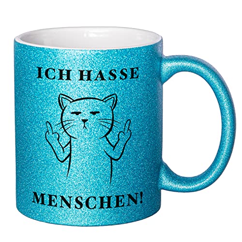 Glitzer Tasse mit Spruch Ich hasse Menschen | Blau | Katze | 330ml | doppelseitig bedruckt | Für Katzenliebhaber als witzige Geschenkidee zu Weihnachten für beste Freundin oder Kollegin von Geschenke 24