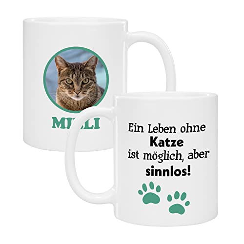 Geschenke 24 Tasse Katze personalisiert | Katzenmotiv mit Wunschfoto und Wunschname | mit Spruch | Katzenzubehör | Kaffebeecher für Katzenfreunde | Katzengeschenk | Teetasse | (Grün, Leben ohne Katze) von Geschenke 24