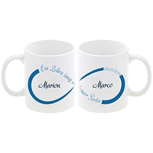 Tassen Set – Unendlichkeit mit Personalisierung und blauem Aufdruck: personalisierte Becher mit Namen und Datum bedruckt – Kaffeebecher für Paare zum Hochzeitstag l Jahrestag von Geschenke 24