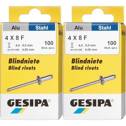 GESIPA Blindniete Mini-Pack 100 Stück (Alu/Stahl 4x8, Nietschaft-ø 4 mm, Scherkraft 1400 N, Zugkraft 2000 N, Flachrundkopf) 1433534 (Packung mit 2) von Gesipa