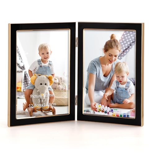 Giftgarden Doppelter Bilderrahmen 13x18cm, Schwarz Klappbar Fotorahmen mit gehärtetes Glas, Goldener Metallumrandung Klapprahmen für Wand- oder Tischaufstellung-Hochwertiges Geschenk von Giftgarden