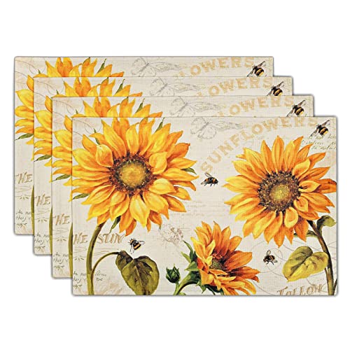 Giwawa Sonnenblumen-Bienen-Tischset, 4er-Set, für Esstisch, Sommer, gelbe Blume, Vintage, rustikal, floral, hitzebeständig, Leinen, Tischset, 30.5x45.7 cm, für Küche, Bauernhaus, Kabinendekoration von Giwawa