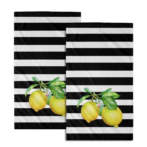 Giwawa Zitronen-Handtücher für Badezimmer, schwarz-weiß gestreift, 2 Stück, gelbe Sommerfrüchte auf schwarz-weißem Druck, Fingerspitzen-Handtücher, ideal für Küche und Badezimmer, 35,6 x 71,1 cm von Giwawa