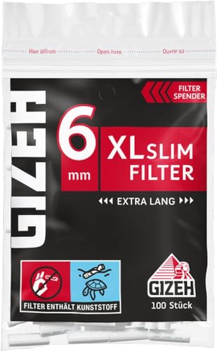 GIZEH Black XL Slim Filter – XL Slim Filter mit 6mm Durchmesser – Filter mit Klebefläche für besseren Halt – 20er Pack á 100 Slim Filter mit 19mm Länge in wieder verschließbarem Beutel von Gizeh
