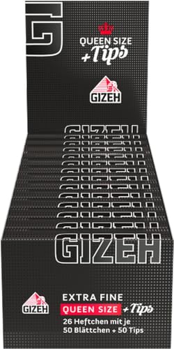 GIZEH BLACK Queen Size Slim + Tips - Blättchen zum Drehen - Packung mit Magnetverschluss, recyclebar - 26er Pack á 50 Premium Rolling Paper (14 g/m²) + 50 Tips von Gizeh