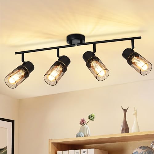 Glitzerlife Deckenstrahler 4 Flammig Vintage Deckenleuchte - Deckenspots Schwarz Metall E27 Spot Deckenlampe Verstellbar 330°Strahler für Wohnzimmer Schlafzimmer Küche Kinderzimmer ohne Leuchtmittel von Glitzerlife