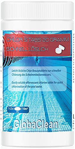 GlobaClean 1 kg Chlortabletten für Pool, Schnell Schock Tabs 20g (Brause-Tabs) – Leicht und schnelllöslich Schwimmbad von GlobaClean