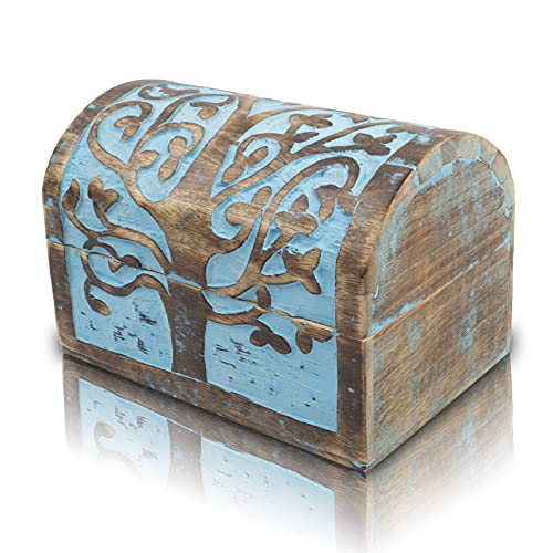 Tolles Geburtstagsgeschenkideen, handgefertigte dekorative hölzerne Schmuckschatulle mit Baum Baumschnitzereien Schmuck Organizer Aufbewahrungsbox Schatztruhe Schmuckhalter Aufbewahrungssperre (Blue) von The Great Indian Bazaar