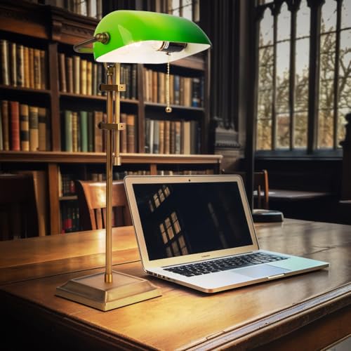 Schreibtischleuchte Bankerlampe Tischlampe altmessing Glas grün Leseleuchte höhenverstellbar, Zugschalter, 1x E27, LxH 26,5x56 cm von Globo