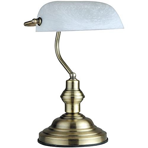 Schreibtischlampe Retro mit Glasschirm weiß Banker Lampe aus Alt Messing Retro (Schreibtischleuchte, Nachttischleuchte, Nachttischlampe, Höhe 36 cm, Bankerslamp, Fassung E27) von Globolightings