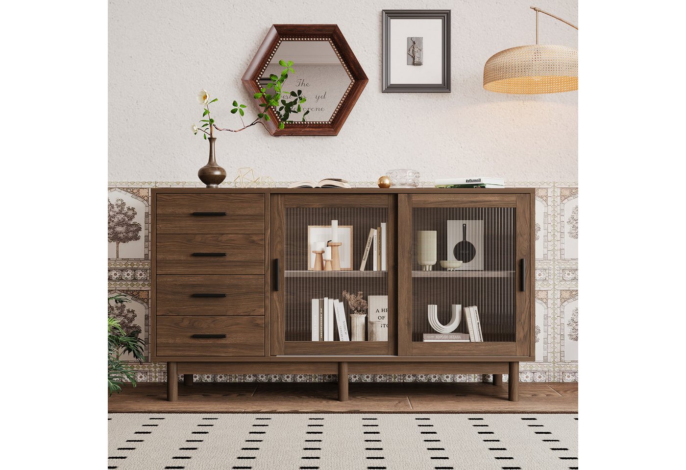 Gotagee Sideboard Hochwertiges Sideboard Wohnzimmerunterschrank Eckschrank Glasvitrine, Spanplatte mit Glasvitrine - 4 Schubladen, 2 Glastüren, 140*40*75,8cm von Gotagee