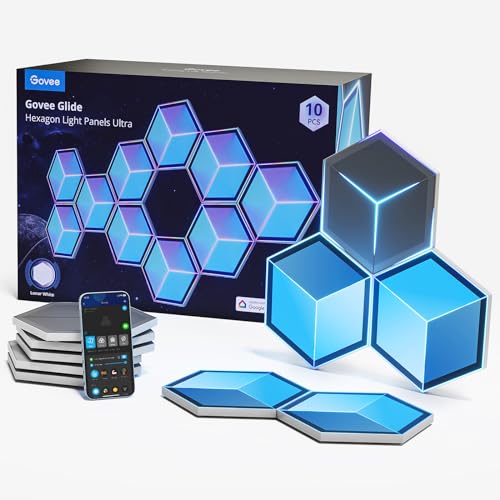 Govee Glide Hexagon Light Ultra, RGBIC 3D , Wi-Fi Wandleuchte 129 LEDs funktioniert mit Alexa, 60 Szenenmodi, für Gaming, Wand, Zimmer Deko, 10 Panels Meteor Grau von Govee