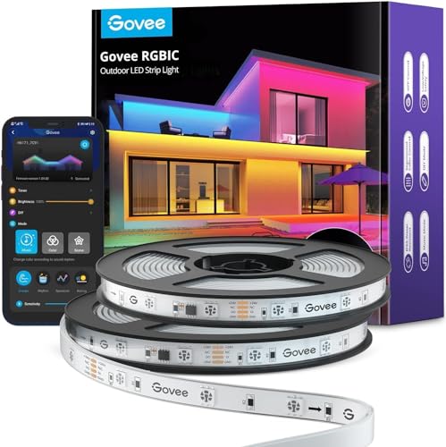 Govee Outdoor LED Strip 20m, IP65 Wasserdicht, Funktioniert mit Alexa, App-Steuerung, RGBIC LED Streifen mit Segmentsteuerung, Farbwechsel, Musik Sync, für Dach Balkon Garten Outdoor Deko von Govee