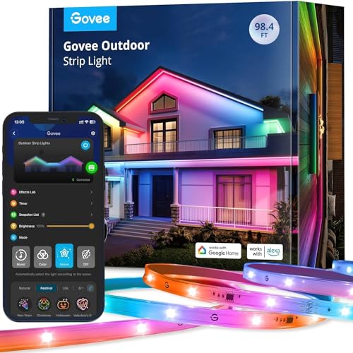 Govee Outdoor LED Strip 30m, IP65 Wasserdicht, Funktioniert mit Alexa, App-Steuerung, RGBIC LED Streifen mit Segmentsteuerung, Farbwechsel, Musik Sync, für Dach Balkon Garten Weihnachtsdeko Outdoor von Govee