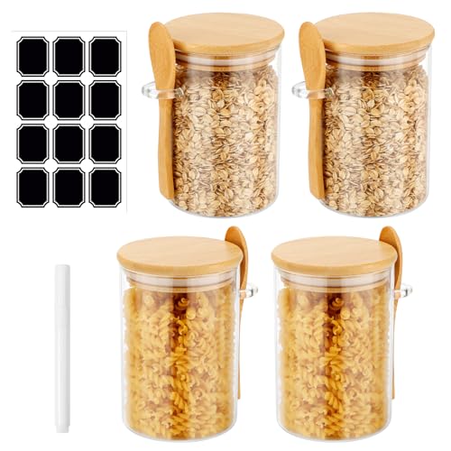 Gowkeey Vorratsgläser 4er Set Vorratsgläser mit Deckel und Löffel 540ml Overnight Oats Gläser Vorratsdosen Glasbehälter Meal Prep Glas mit deckel，Zucker, Kaffee, Süßigkeiten von Gowkeey