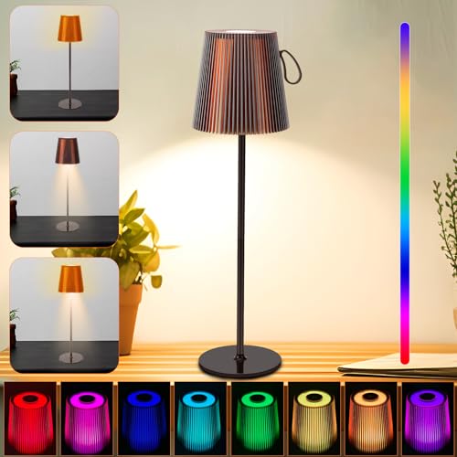 LED Tischleuchte Kabellos, Dimmbare LED Akku Tischleuchte, Warme Lichtfarbe 3000K+RGB, Magnetisches Design, Akku Tischlampe Aufladbar mit USB, IP54 Wasserdichte für Indoor Outdoor Schlafzimmer Bar von Gowkeey