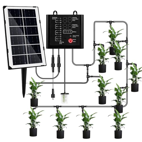 Solar Bewässerungssystem, Garten Tröpfchenbewässerung system mit 12 Timer-Modi, Automatische Bewässerungssystem mit 15 M Schlauch für Garten- und Balkonpflanzen von Gowkeey