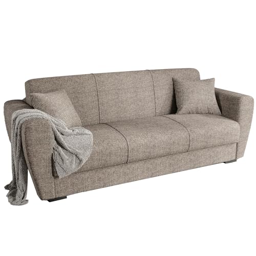 Gozos Palamos Sitzgruppe 3 Sitzer Sofa | Bettfunktion Couch besteht aus Leinenoptikstoff | Wohnzimmermöbel Dekorative und Comfortable Sofa mit Schlaffunktion und Holzbein | 221 x 85 x 86 cm | Braun von Gozos