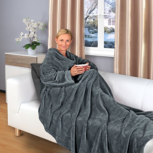 Gräfenstayn® TV-Decke mit Ärmeln und Fuß Tasche - 200 x 170 cm Kuscheldecke - viele Farben - Supersoft Flanell Mikrofaser-Flausch - mit Öko-Tex Siegel „Geprüftes Vertrauen“ (Anthrazit) von Gräfenstayn