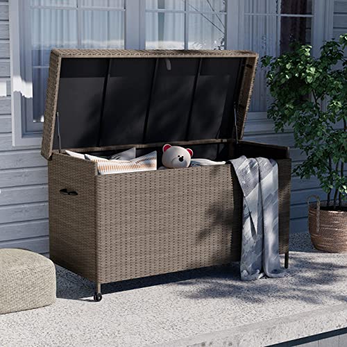 Grand patio Rattan Auflagenbox 678 Liter, 2 Gasdruckfedern Gartenbox mit Deckel, UV-beständig Aufbewahrungskiste mit Zwei Radern, Leicht Bewegen, Kissenbox für Garten, Balkon (Hell Braun) von Grand patio