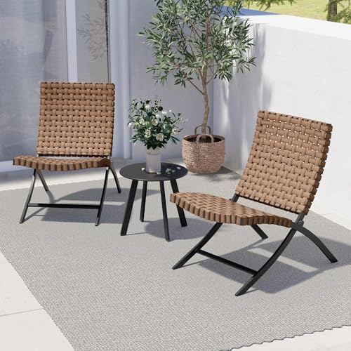 Grand patio Tisch und Stuhl Set 3-Teilige, Gartenlounge mit 2 klappbar Rattan Stühle und 1 Beistelltisch, Wetterresistent, Sitzgruppe für Drinnen, Draußen(Natürliches Braun) von Grand patio