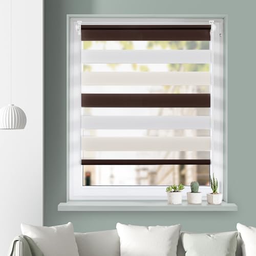 Grandekor Doppelrollo Klemmfix, Duo Rollos für Fenster und Tür ohne Bohren mit Klämmträger, Fensterrollo lichtdurchlässig & verdunkelnd - Weiß-Beige-Braun 40x130cm (Stoffbreite 36cm) von Grandekor