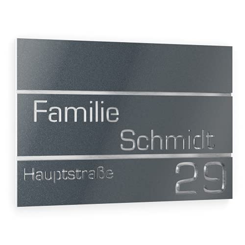 Graviers Design Hausnummer aus V2A Edelstahl 215x150mm - Anthrazit Metallic - Rostfrei UV-beständig Individuell anpassbar Straße Nummer Familie Name - Made in Germany von Graviers Design