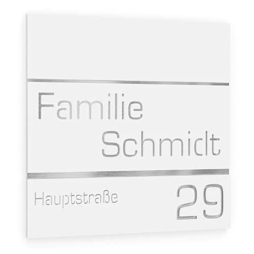Graviers Design Hausnummer aus V2A Edelstahl 230x230mm - Weiß - Rostfrei UV-beständig Individuell anpassbar Straße Nummer Familie Name - Made in Germany von Graviers Design