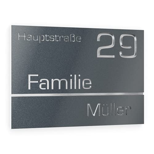 Graviers Design Hausnummer aus V2A Edelstahl 250x175mm - Anthrazit Metallic - Wetterfest Rostfrei Individuell anpassbar Straße Nummer Familienname - Made in Germany von Graviers Design