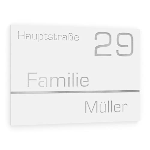 Graviers Design Hausnummer aus V2A Edelstahl 250x175mm - Weiß - Wetterfest Rostfrei Individuell anpassbar Straße Nummer Familienname - Made in Germany von Graviers Design